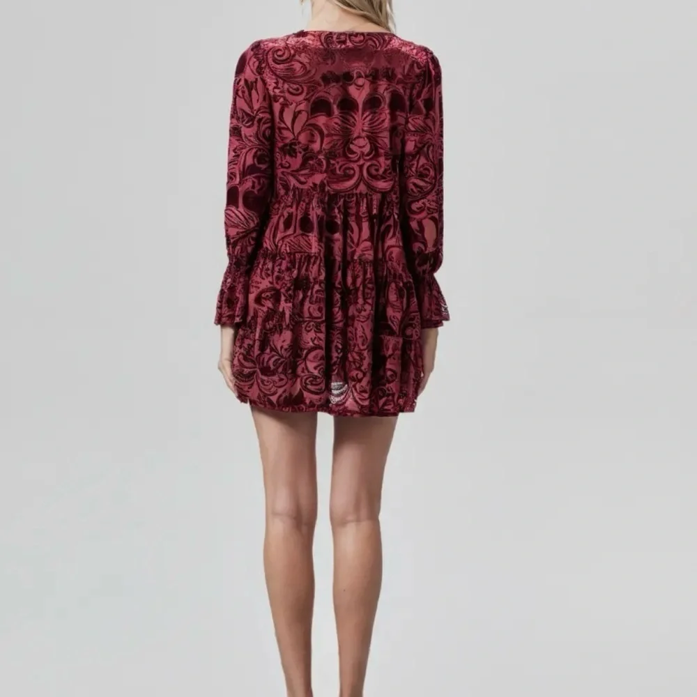 Deep V-Neck Velvet Jacquard Holiday Mini Dress -Wine